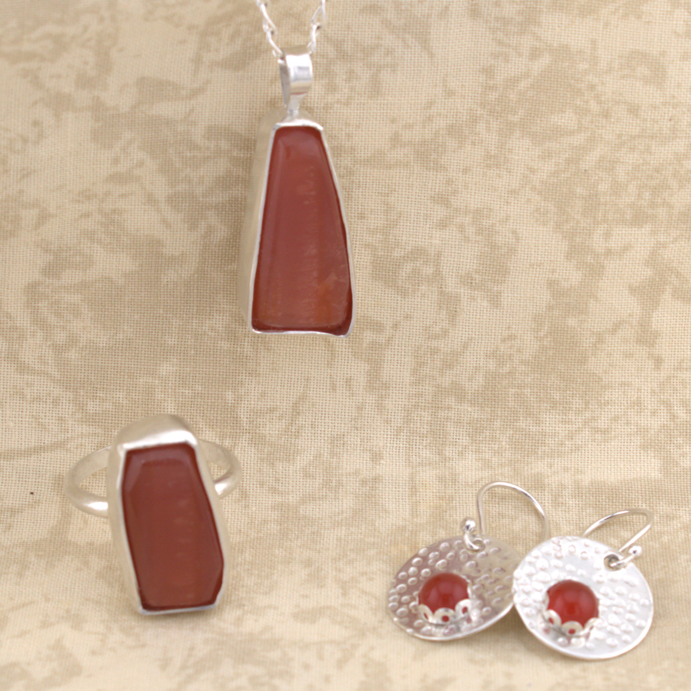 carnelian pendant, ring, earrings sterling silver