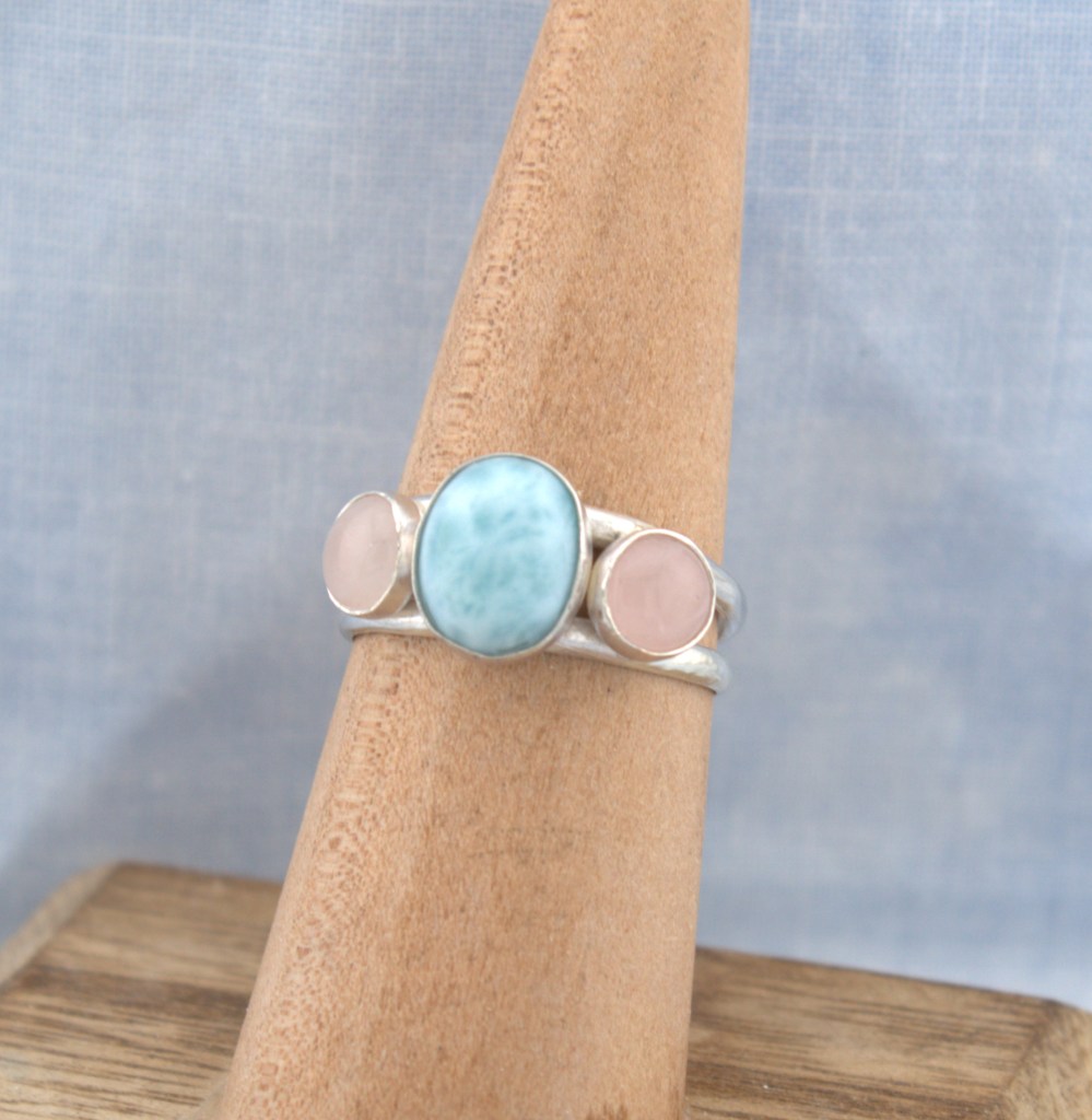 larimar and rose quartz ring in sterling silver