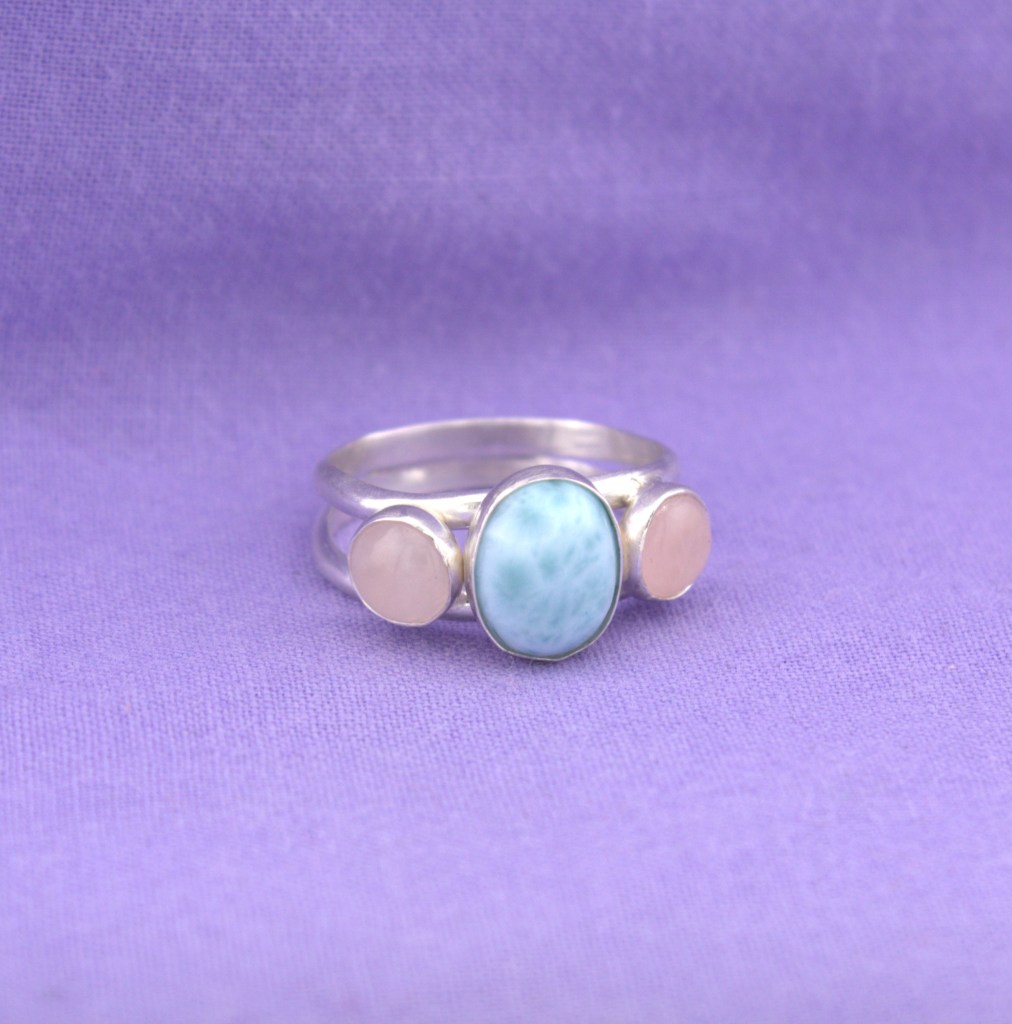 larimar and rose quartz ring in sterling silver
