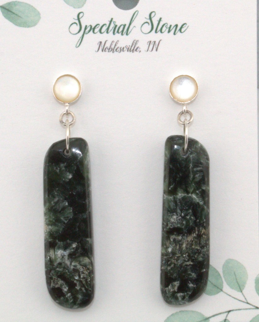 seraphinite earrings with mother of pearl accent stones in sterling silver