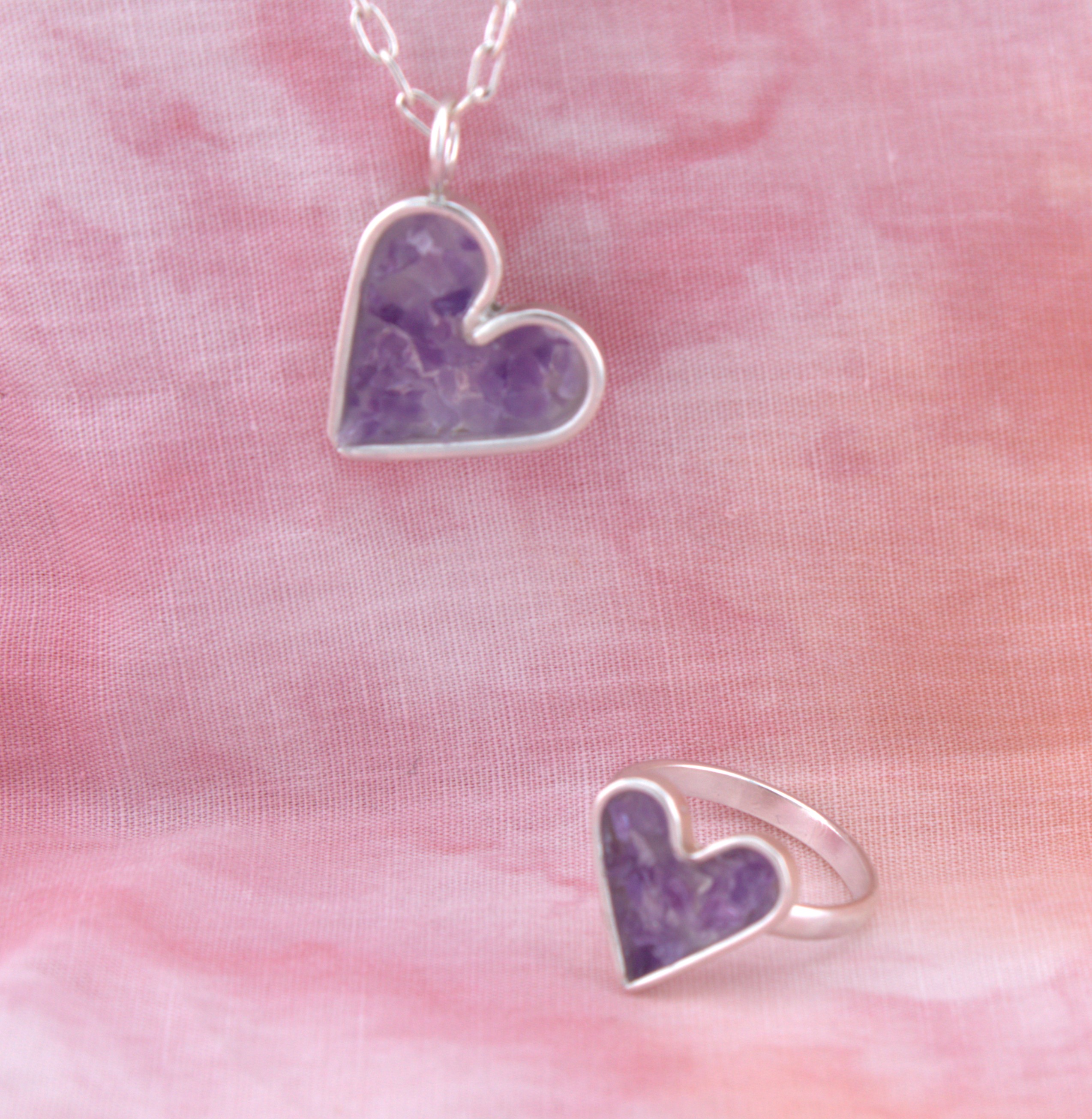 sterling silver heart pendant with amethyst with ring