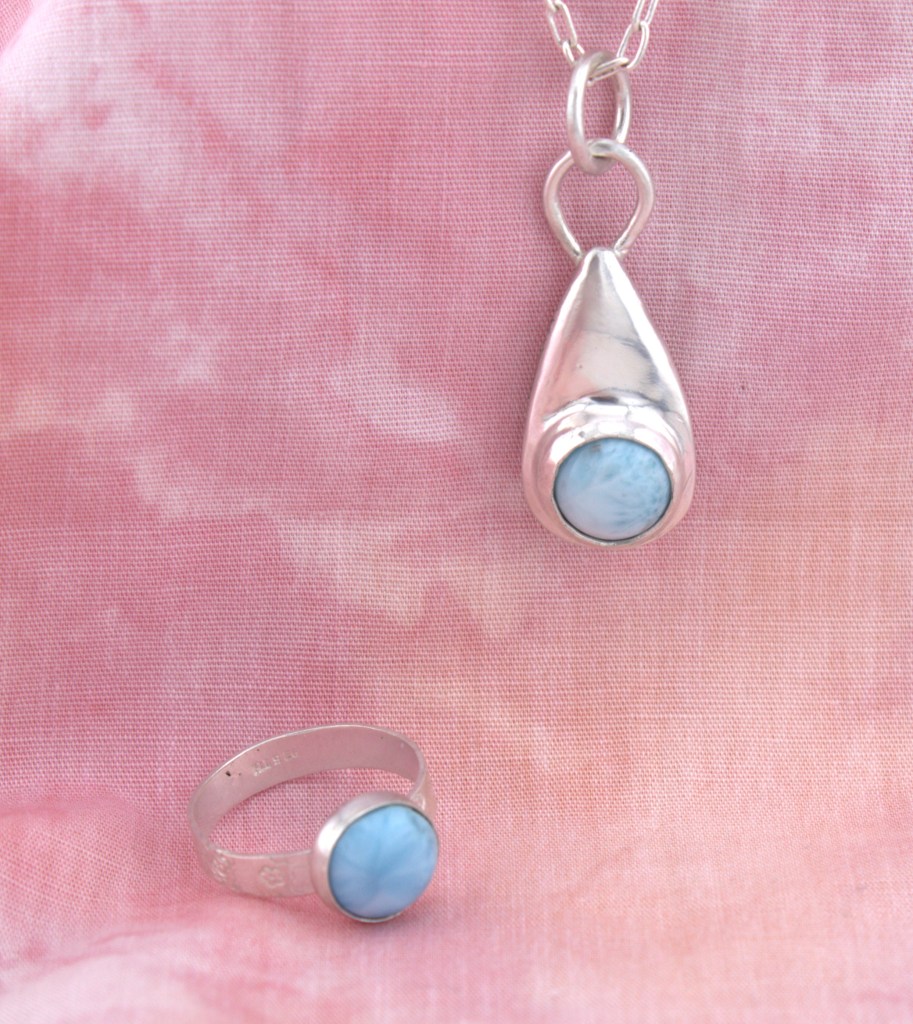Larimar pendant in cast sterling silver with larimar ring